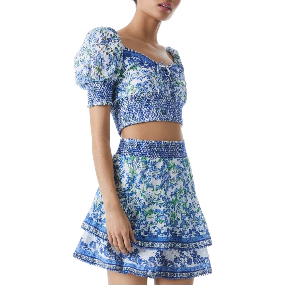 Alice + Olivia Crawford Floral Cotton Crop Top Blue White Smocked Lace Large NWT